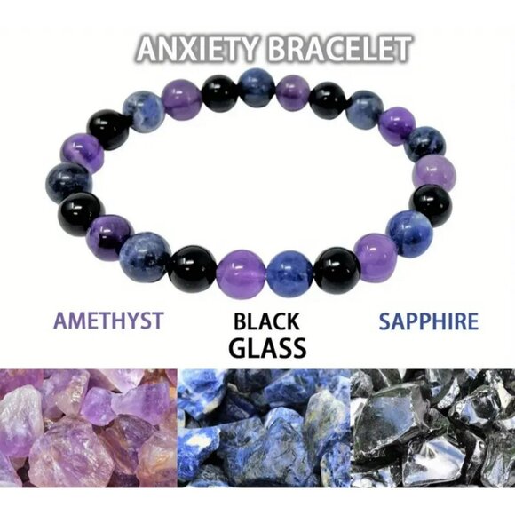 Amethyst, Black Obsidian & Sodalite Gemstone Bracelet – 8mm Round Beads - Picture 2 of 5